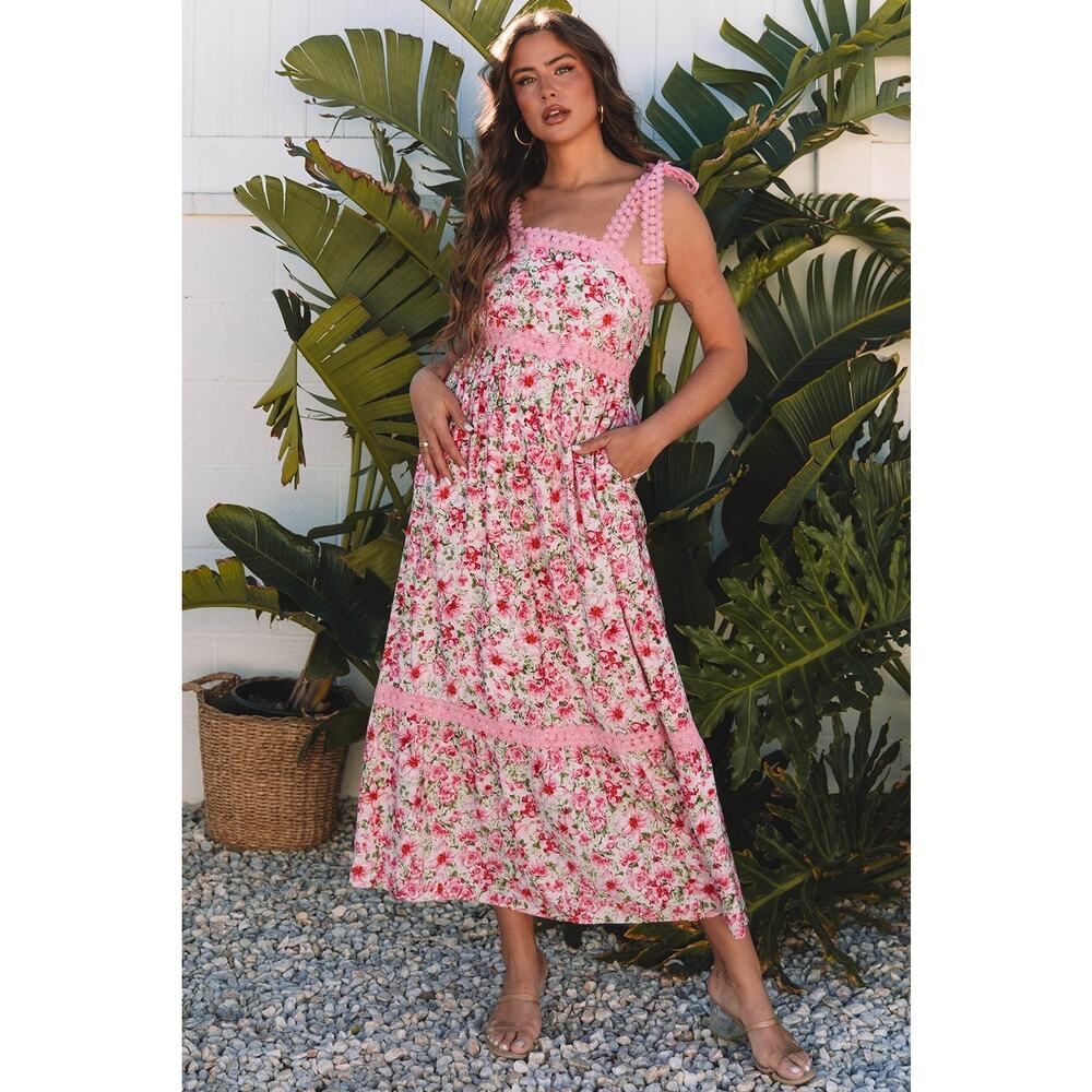 NWT Women’s Blush Pink Floral Cottagecore Coastal Spring Maxi Dress With Lace